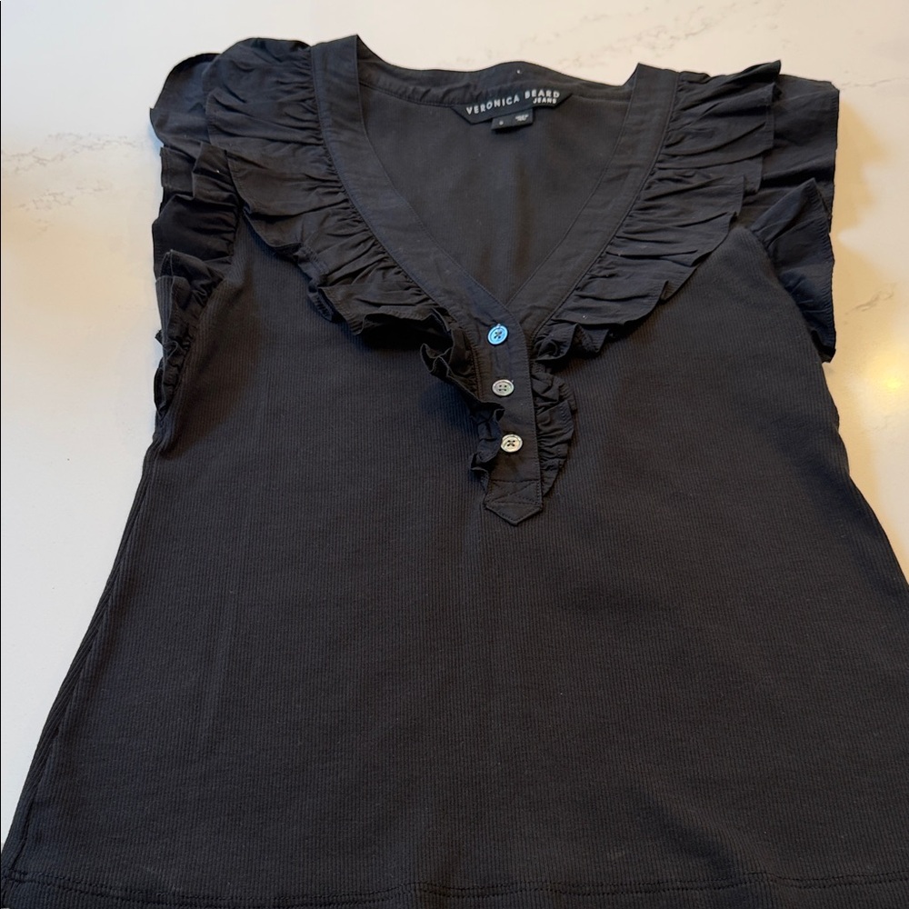 Veronica Beard Black Ruffle V-Neck Sleeveless Camisole